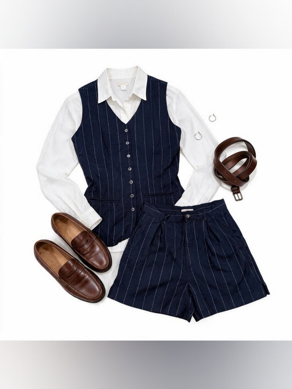 Rare Vintage 90s Esprit 2pc Navy Pinstripe Vest & Pleated Shorts Set RARE EUC